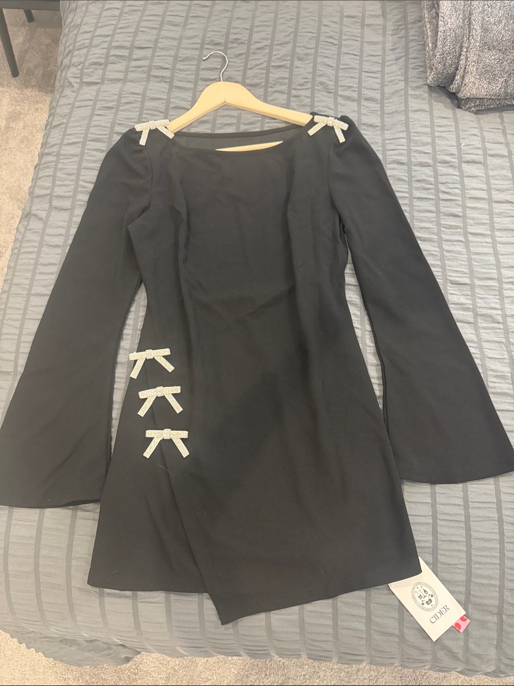 Cider Black Long-Sleeve Mini Dress with Rhinestone Bow Details